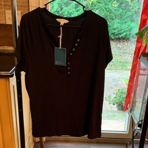 Market & Spruce Joanne Ribbed Knit Henley Black Short Sleeve Top